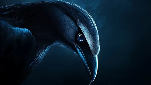 High-contrast raven profile rendered with luminous blue edge lighting