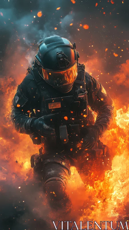 Brave armored soldier strides through roaring flames with focus