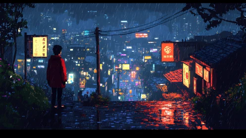 Solitary figure surveys neon-lit cityscape in nocturnal rain
