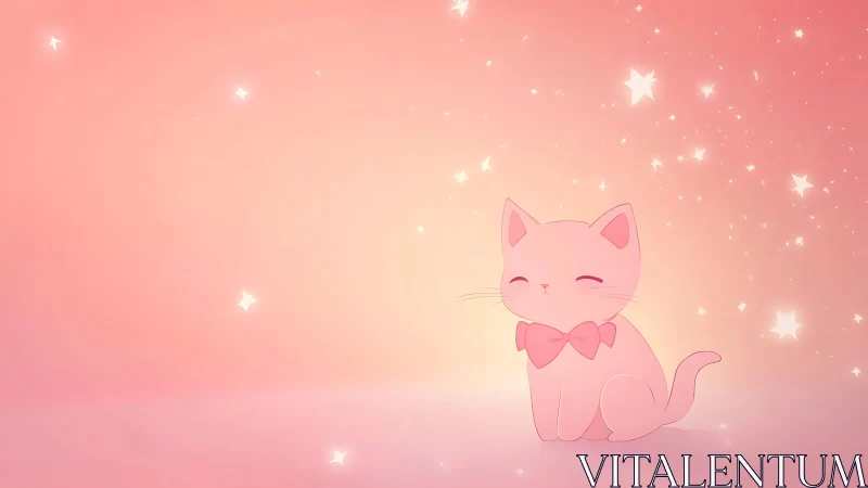 Pink cartoon cat sits on gradient background with stars
