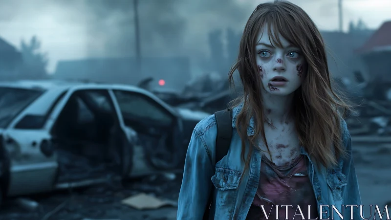 Young survivor walks through a smoky, shattered city street