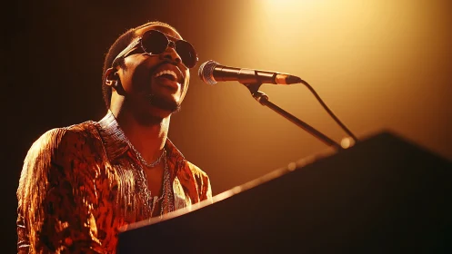Soul musician singing at keyboard under warm stage light.