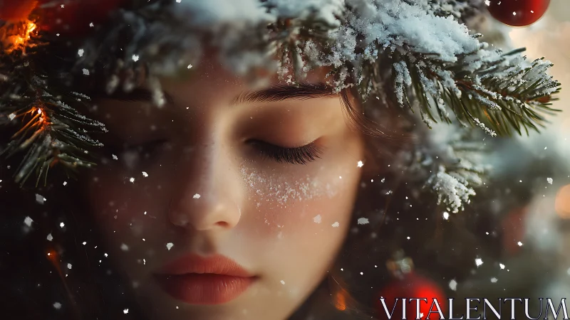 Photorealistic winter portrait with snow-laden evergreen frame.