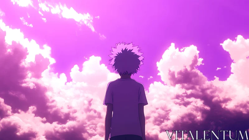 Violet thunderclouds crown a lone dreamer facing tomorrow