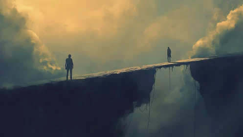 Suspended bridge between distant figures invites quiet wonder