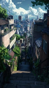 Steep urban stairway descends toward dense high rise cityscape