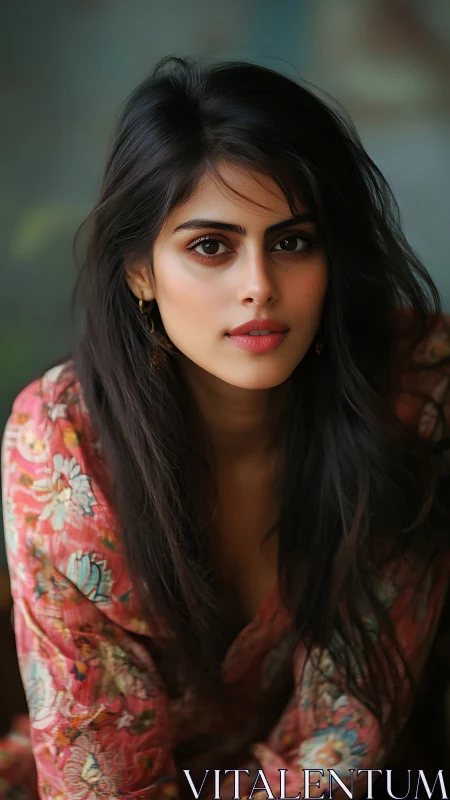 Soft-focus portrait of woman in floral coral blouse, bokeh