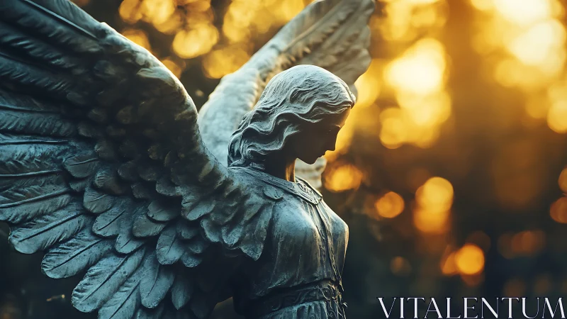 Winged stone angel in golden hour backlit bokeh glow.