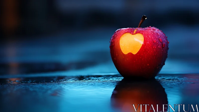 Luminescent Red Apple with Golden Heart on Blue Reflective Surface.