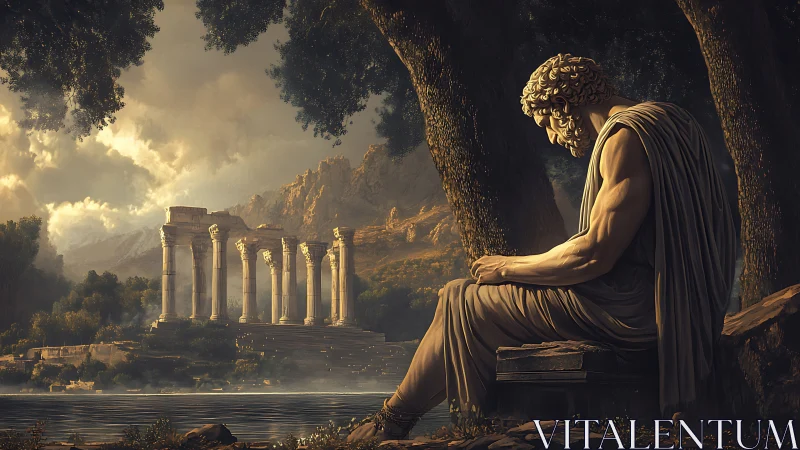Digital painting of contemplative statue in classical ruin landscape.