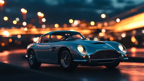 Classic silver coupe under cinematic bokeh night lighting.