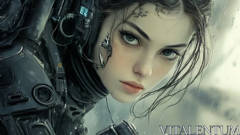 Cyborg pilot in rain-soaked exosuit with neural implants.