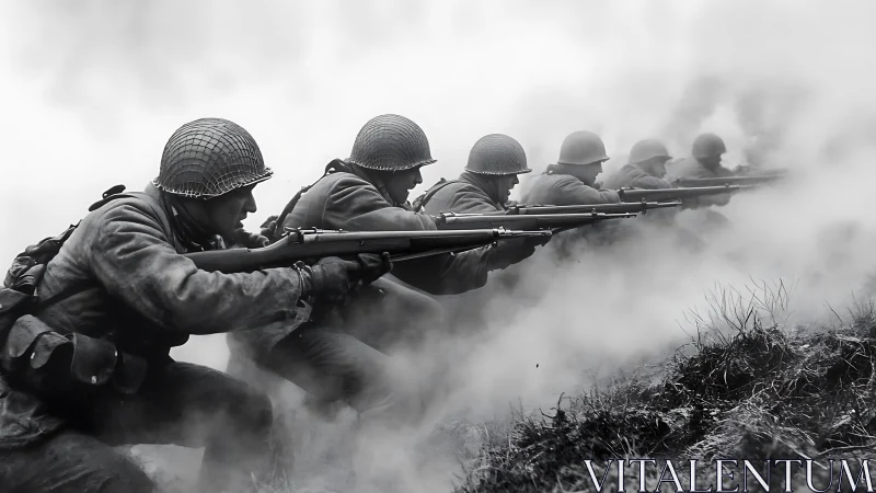 Infantry soldiers advance through dense battlefield smoke