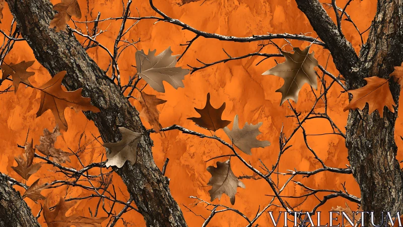 Autumn oak branches layered on vivid orange backdrop.
