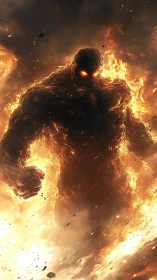 Humanoid magma entity emerging within dense surrounding flames.