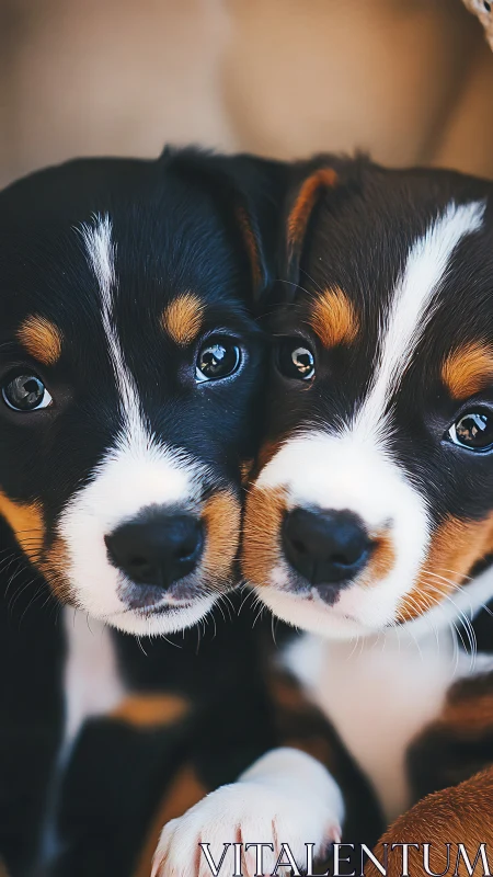 Symmetric close-up study of paired tricolor puppies’ muzzles.