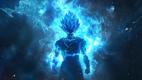 Celestial energy warrior in blue aura, anime key art focus.