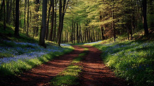Sunlit forest path with bluebells in spring, natural landscape style.