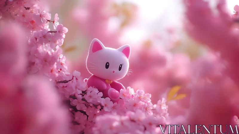Pink toy cat among dense cherry blossoms in soft focus.