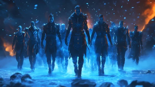 Armored figures advancing through mist under blue orange light.
