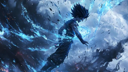 Blue energy warrior ascends through storm-torn sky.