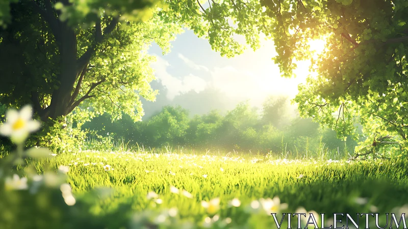 Sunlit forest clearing opens into a tranquil spring meadow