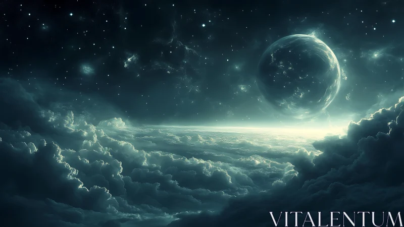 Celestial storm clouds cradle a distant emerald world.