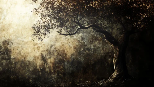 Solitary tree trunk curves into dense foliage on textured wall