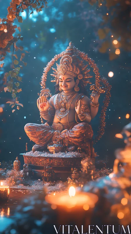 Ornate Hindu deity statue illuminated by warm ritual candles