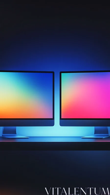 Twin neon monitors trading gradients in midnight hush.