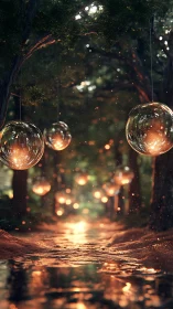 Glowing glass orbs hang above wet forest path at dusk