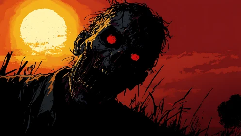 Zombie silhouette stalks bloody sunset horizon landscape.
