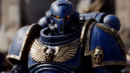 Armored blue super-soldier with glowing eyes stands ready