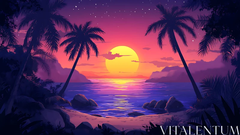 Vibrant tropical sunset seascape rendered in stylized digital art