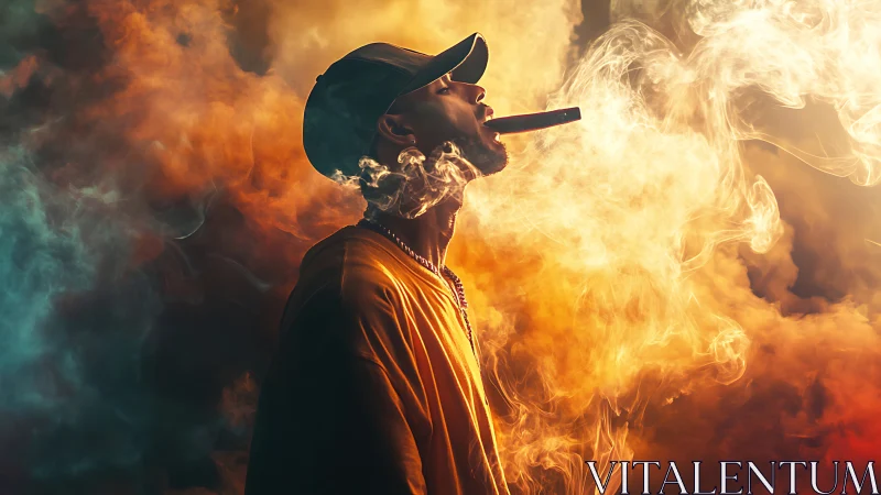 Backlit vapor plumes envelop silhouetted cap-wearing vaper.