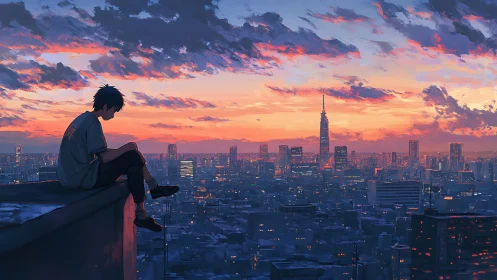 Solitary rooftop silhouette over luminant dusk megacity grid.