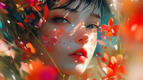 Dreamlit portrait of a girl framed by glowing red blossoms