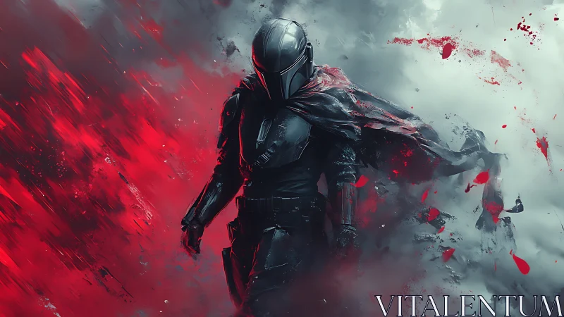 Armored sci fi warrior strides through crimson storm clouds