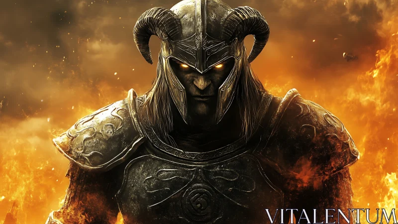Armored horned warrior emerges from infernal firestorm glow