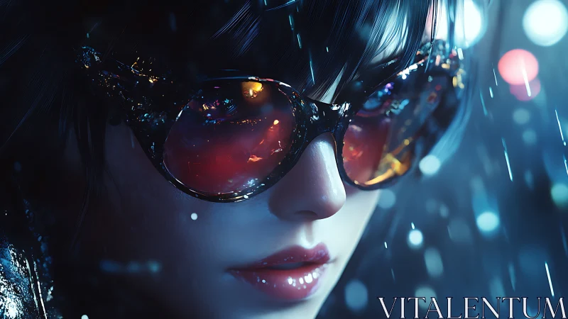 Close cyberpunk portrait with reflective red glasses.