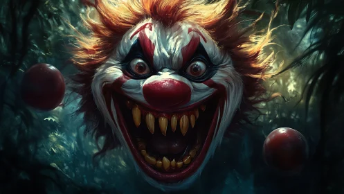 Grotesque clown head with sharp teeth floats in dark forest