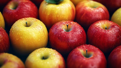 Red and yellow apples with water droplets in close view.