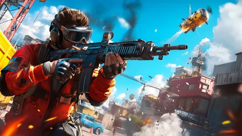 Armored soldier aims rifle amid explosive urban firefight.