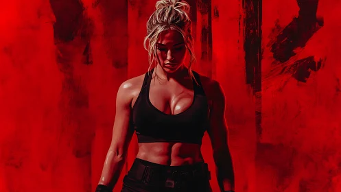 Strong female athlete in red dramatic fitness portrait.