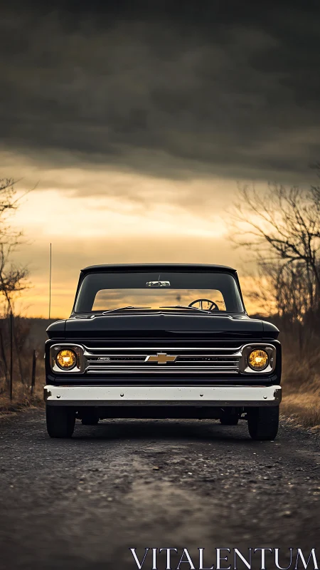 Vintage black pickup truck stands on rural road at dusk
