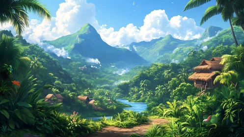 Tropical mountain valley with river and jungle village.