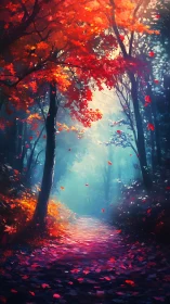 Autumn's Glowing Path Through Misty Woods
