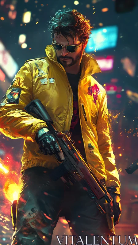 Cyberpunk gunman in yellow jacket amid neon sparks.