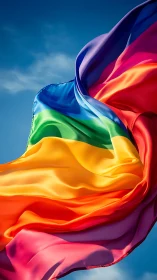 Pride rainbow flag waves in bright clear blue sky.