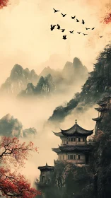 Misty mountain temples beneath migrating birds at dawn.